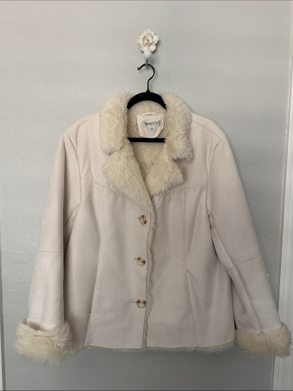 Coldwater Creek Cream Teddy Coat with Faux Shearling Trim